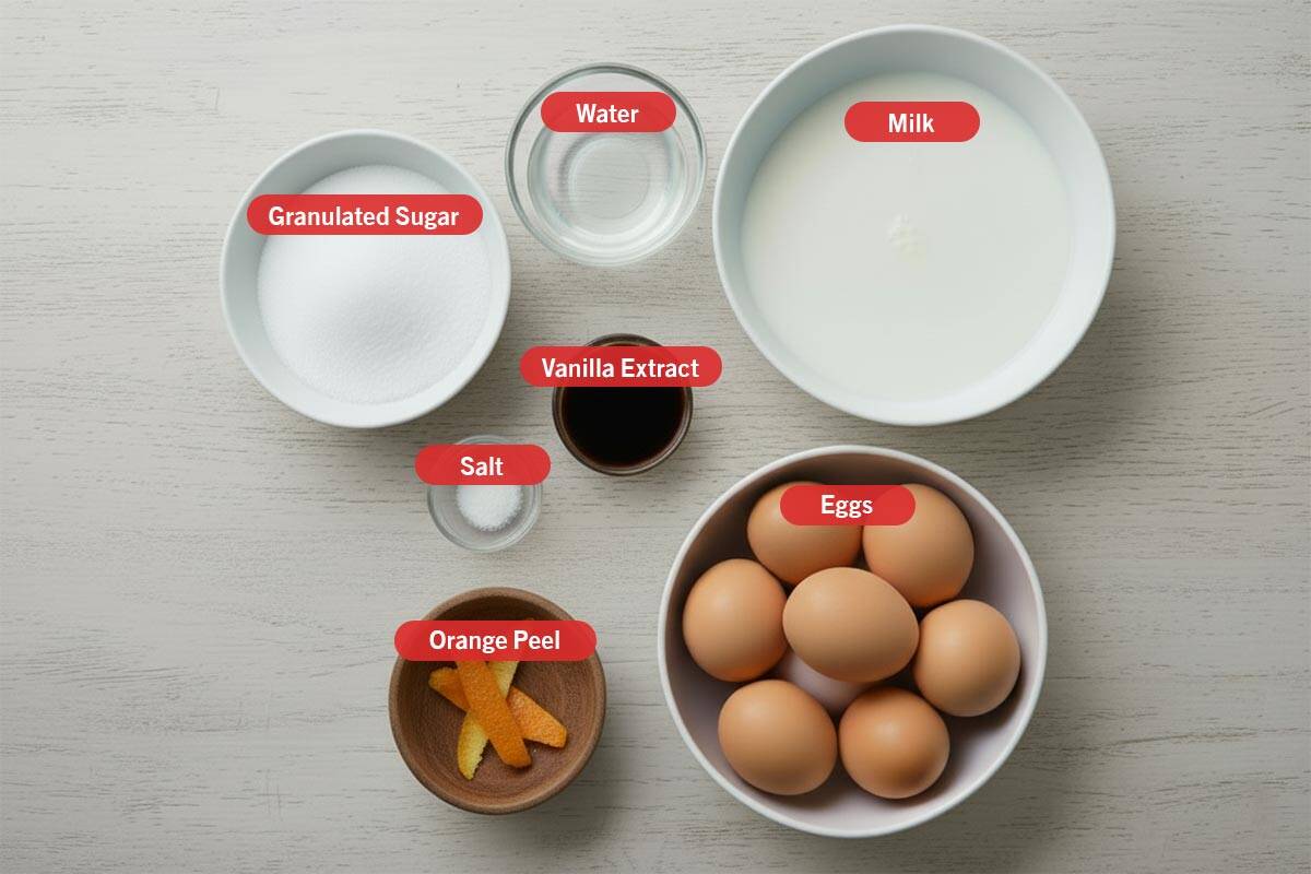 Top shot of ingredients: granulated sugar, water, milk, vanilla extract, salt, orange peel, and eggs. - 2