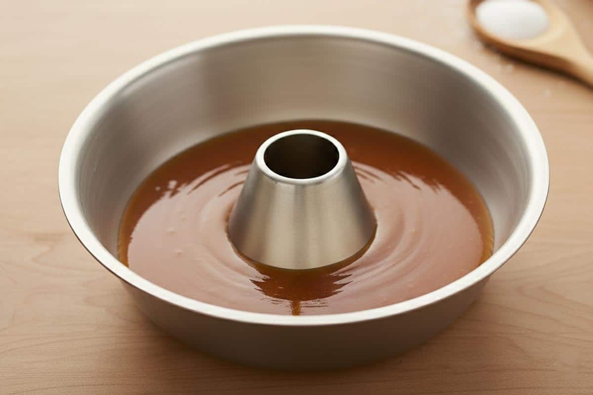 Poured the caramel into the bundt pan. - 4