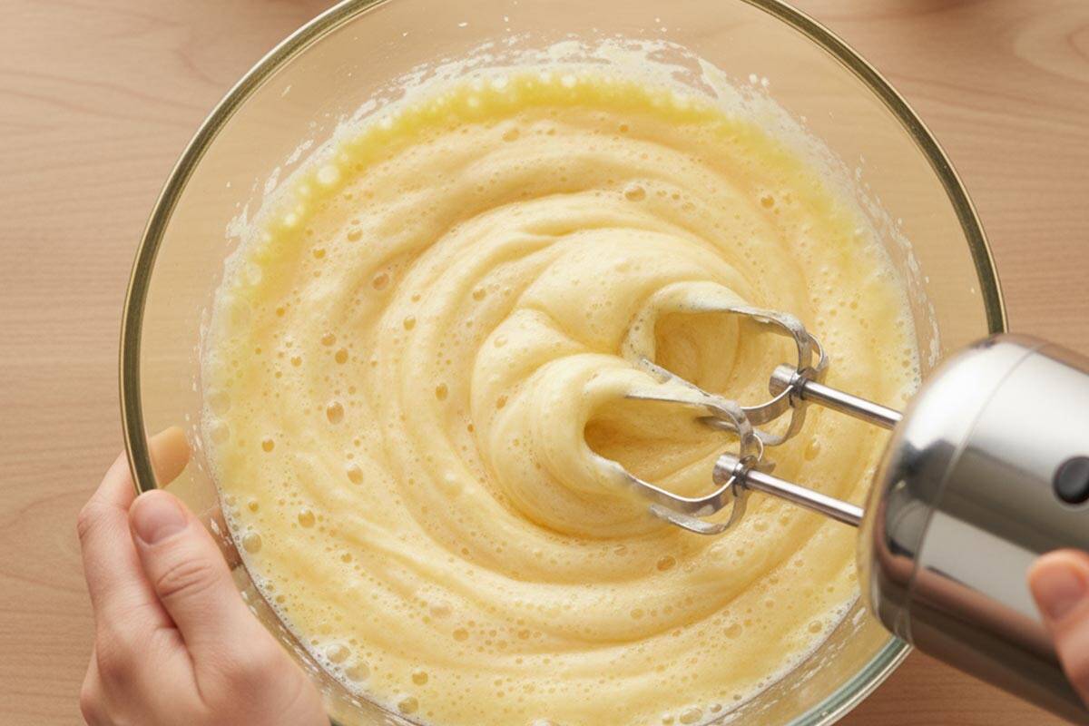 Beating the eggs with a hand mixer in a large bowl. - 7