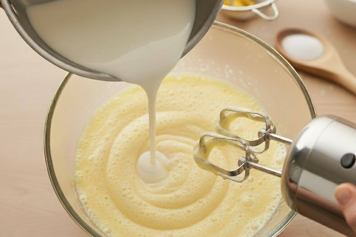 POuring the milk into the bowl with beaten eggs. - 8