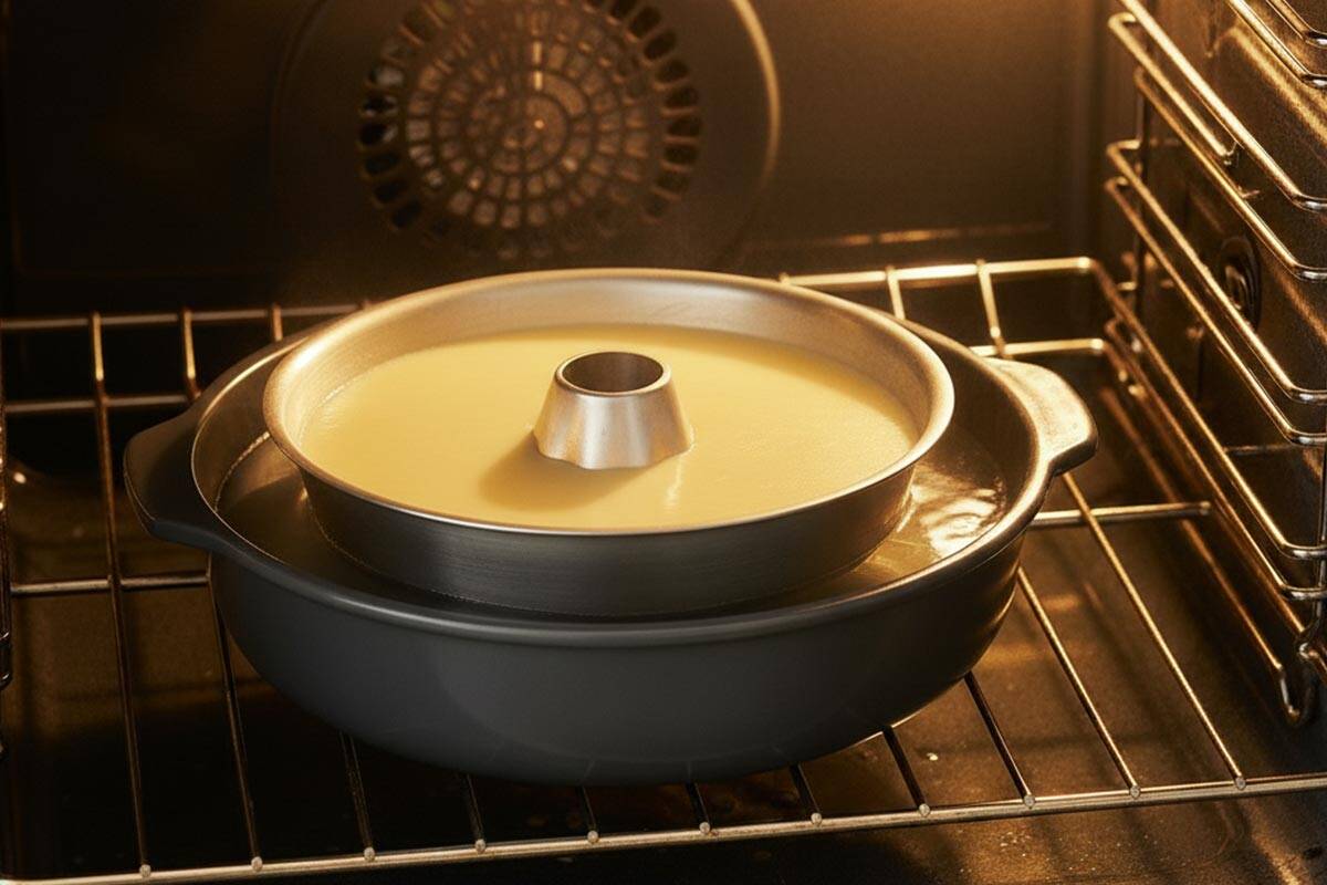 Placed the flan dish inside a larger oven-proof pan with water in the oven. - 9