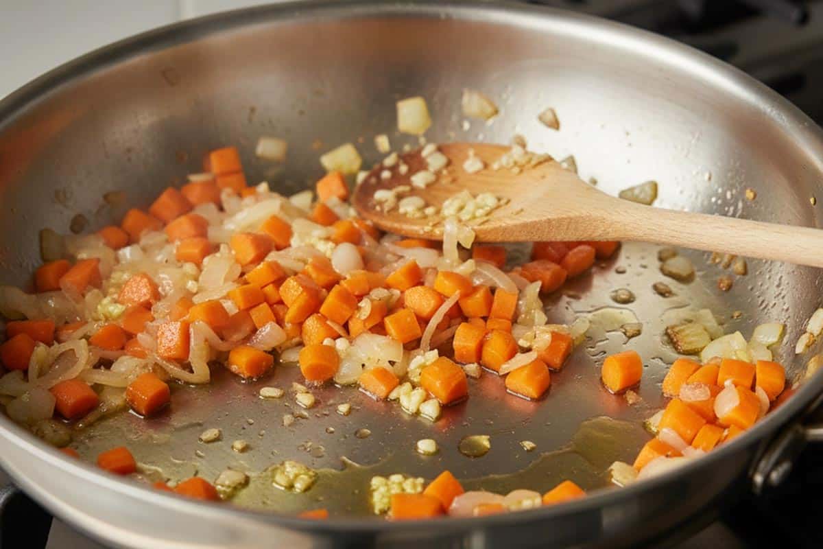 Cooking the onion, carrots, and garlic in a large pan.