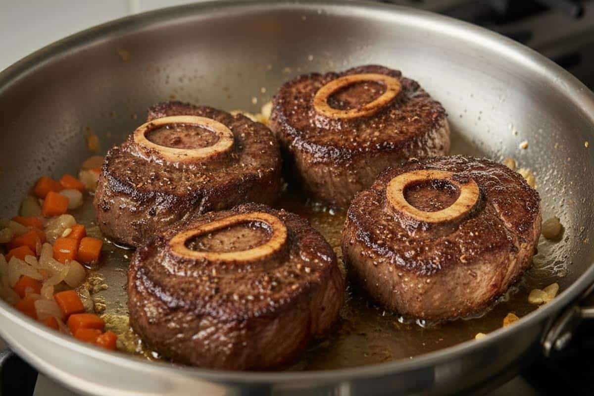 Added the osso buco steaks to the pan.