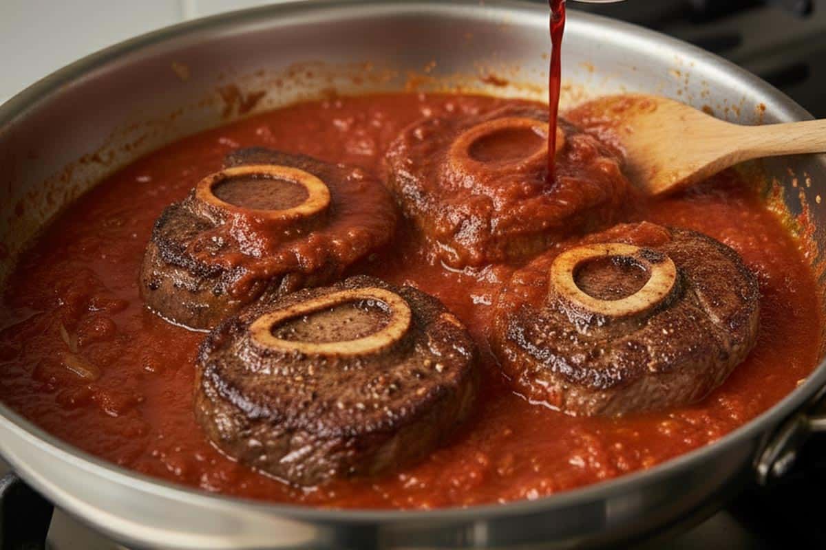Stirred in the tomato paste, wine, and condensed tomato soup.