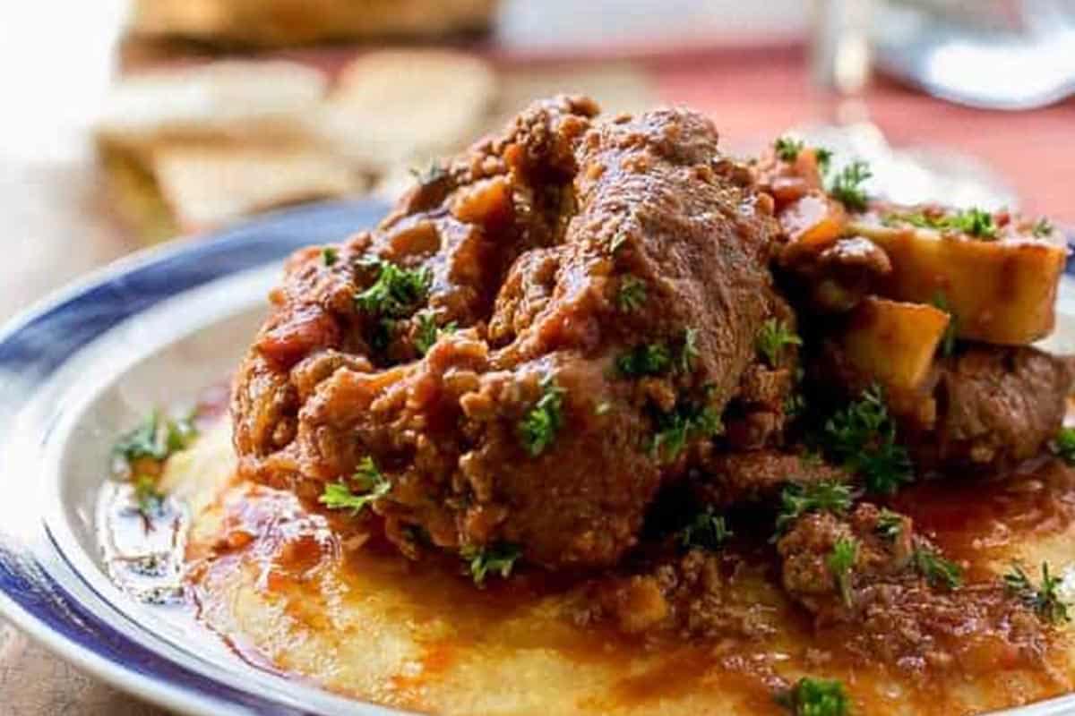 Close-up shot of Red Wine Osso Buco with Soft Polenta
