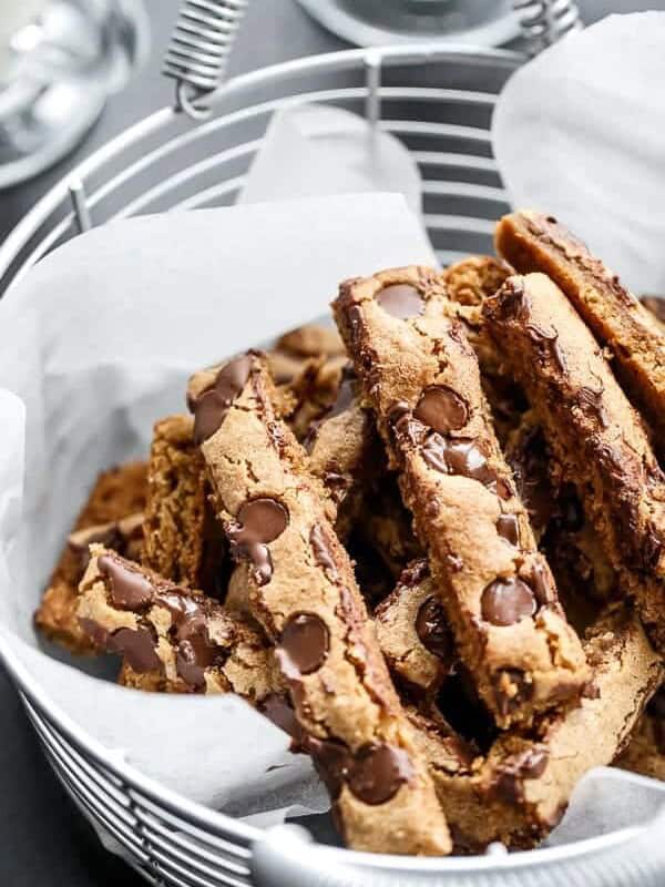 Low Fat Choc Chip Cookie Sticks on butter paper in a basket