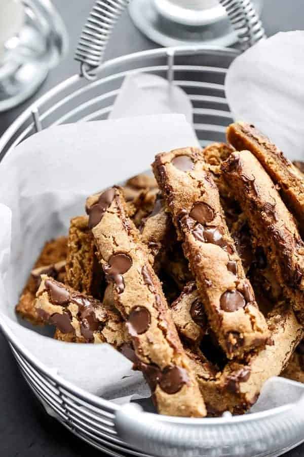 Low Fat Choc Chip Cookie Sticks on butter paper in a basket