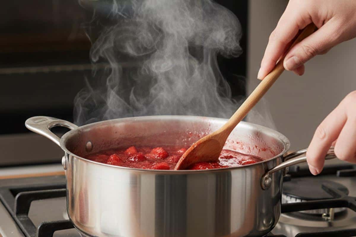 Combined strawberries, sugar, water, and vanilla in a saucepan.