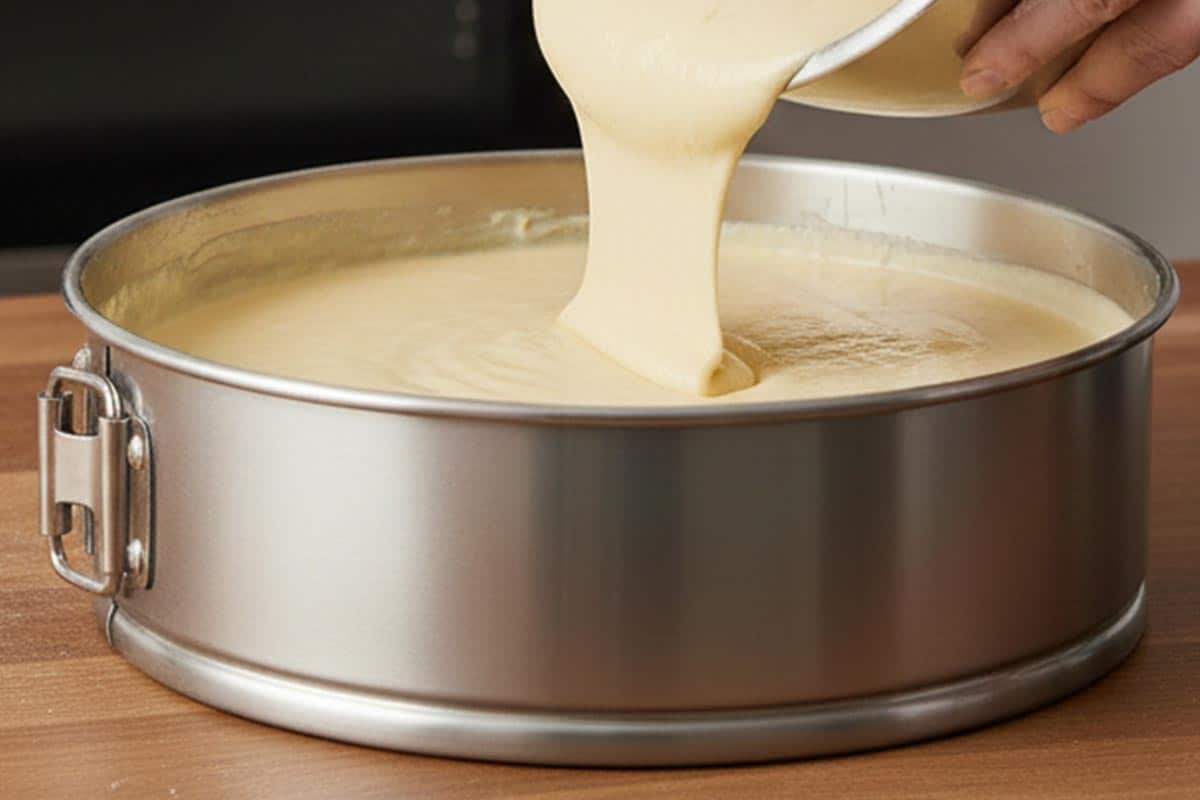 Pouring the cheesecake batter into the prepared pan.
