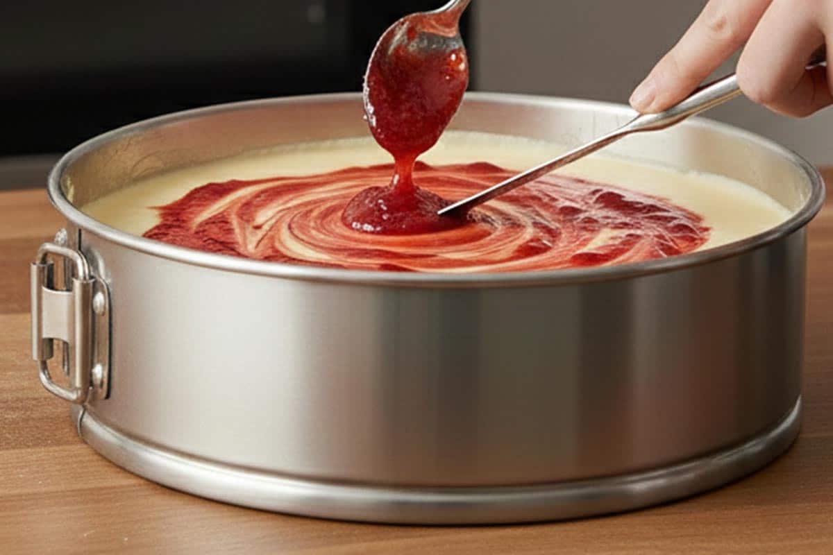 Adding the Strawberry Swirl over the batter.