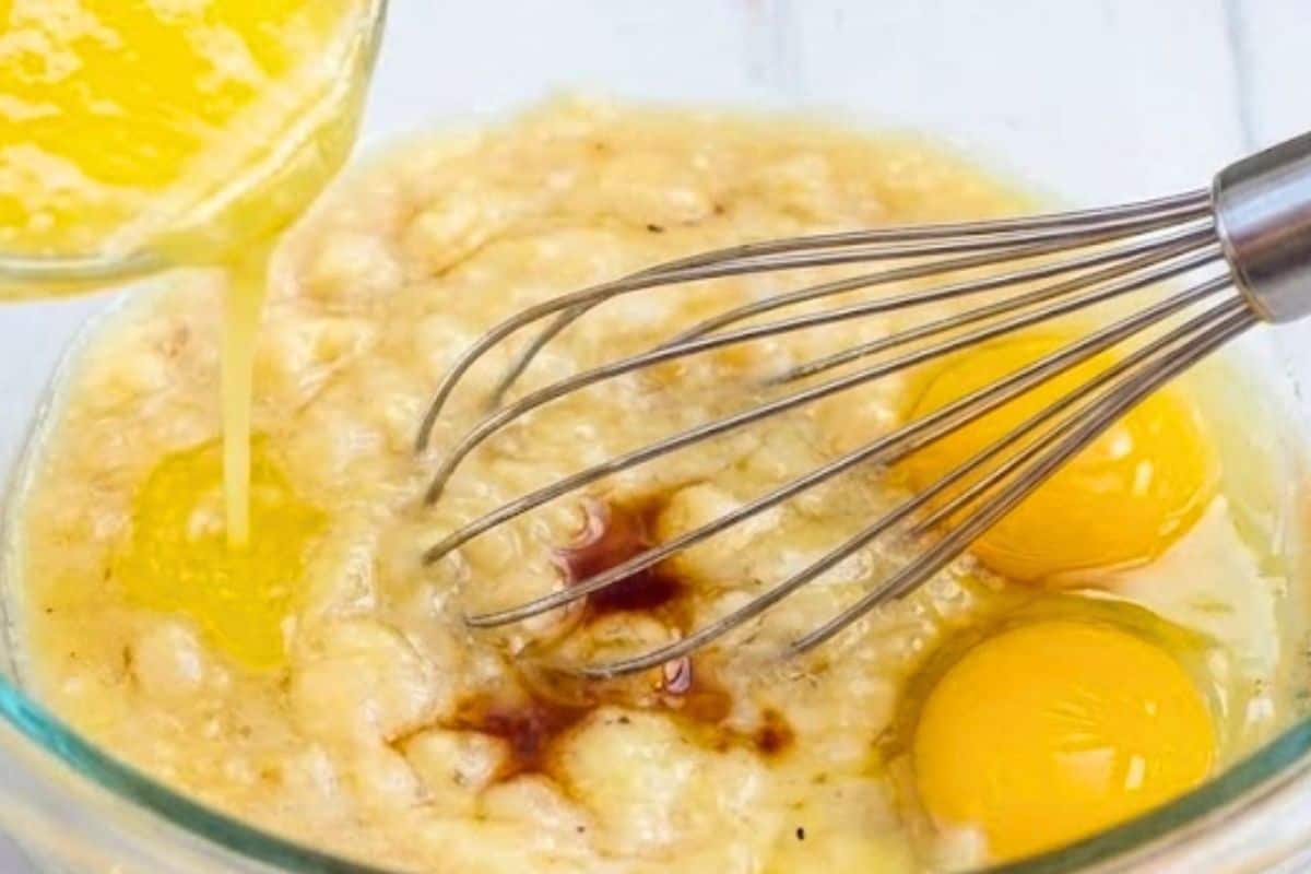 Whisk the bananas, vanilla, and eggs until smooth, then add the melted butter  - 3