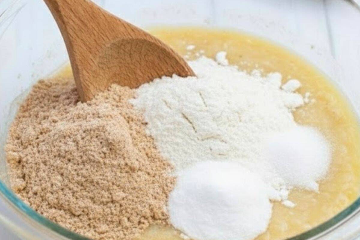 Add the flours, sugar, and baking powder to the bowl and gently mix - 4