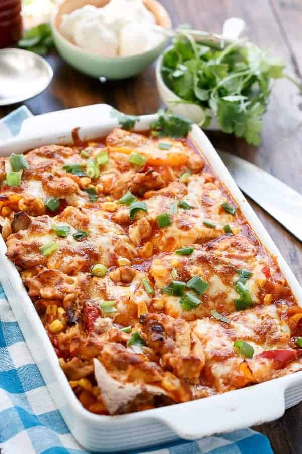 Chicken and Corn Enchilada Bake https://cafedelites.com