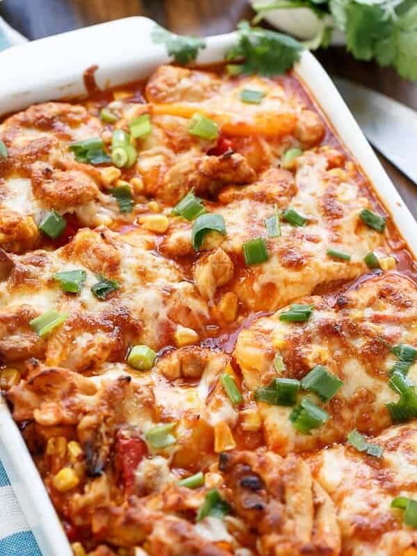 Chicken and Corn Enchilada Bake on a baking tray
