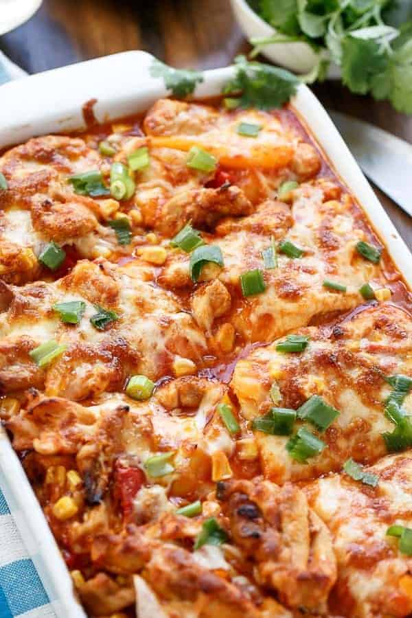 Chicken and Corn Enchilada Bake https://cafedelites.com