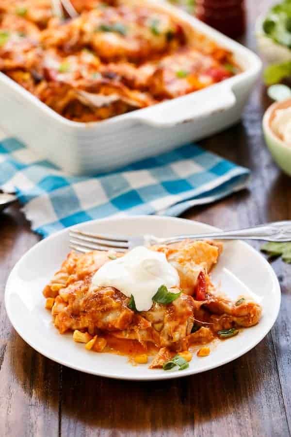 A cheesy and warm dish full of comfort food Chicken and Corn Enchilada Bake