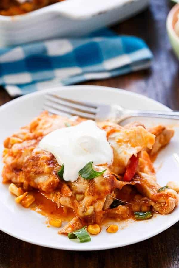 Chicken and Corn Enchilada Bake https://cafedelites.com