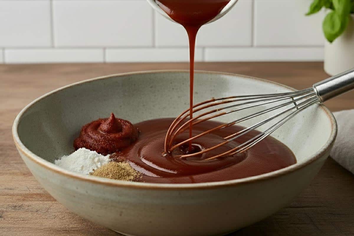 Mixing barbecue sauce, tomato paste, garlic powder, stock powder, and salt in a large bowl.
