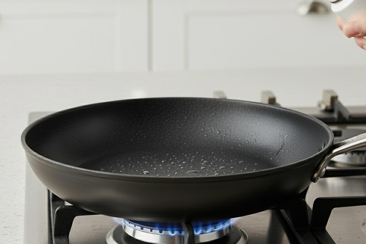 Heating the pan and lightly sprayed it with cooking oil.