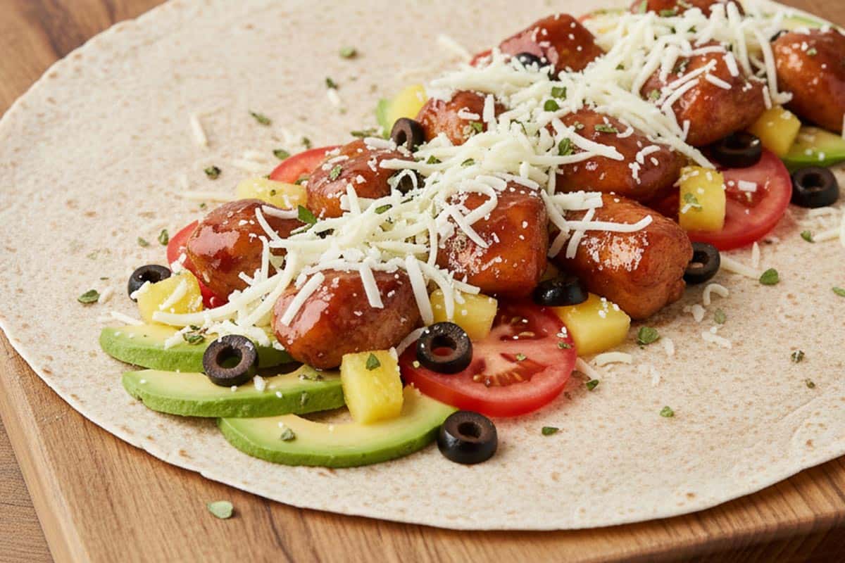 Arranging the filling on the wrap.