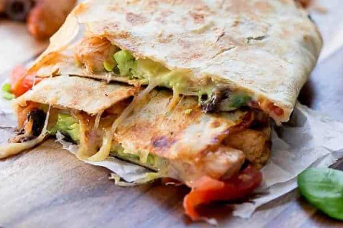 Close-up shot of BBQ Chicken Pizzadilla (Pizza Quesadilla).