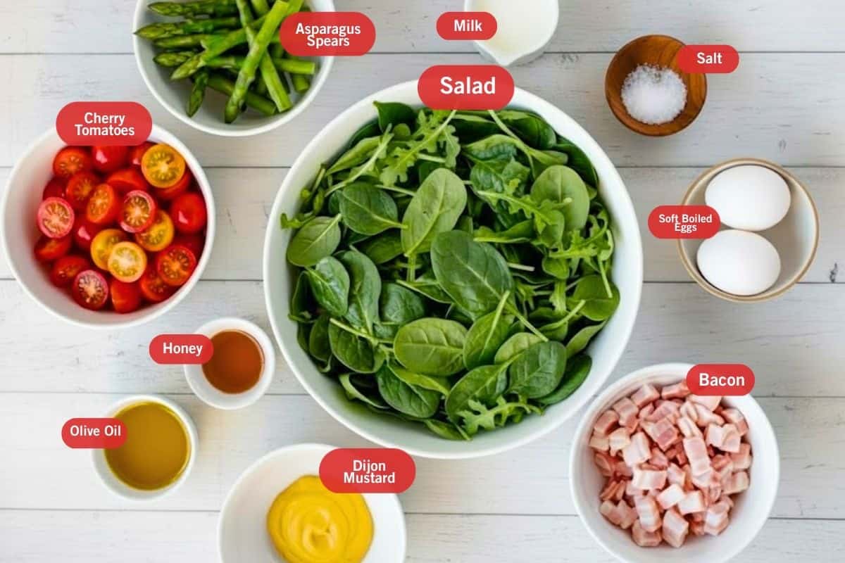 Flat lay photo of ingredient shot of asparagus spears, cherry tomatoes, milk, salt, soft boiled eggs, bacon, salad, olives oil, honey, dijon mustard  - 2