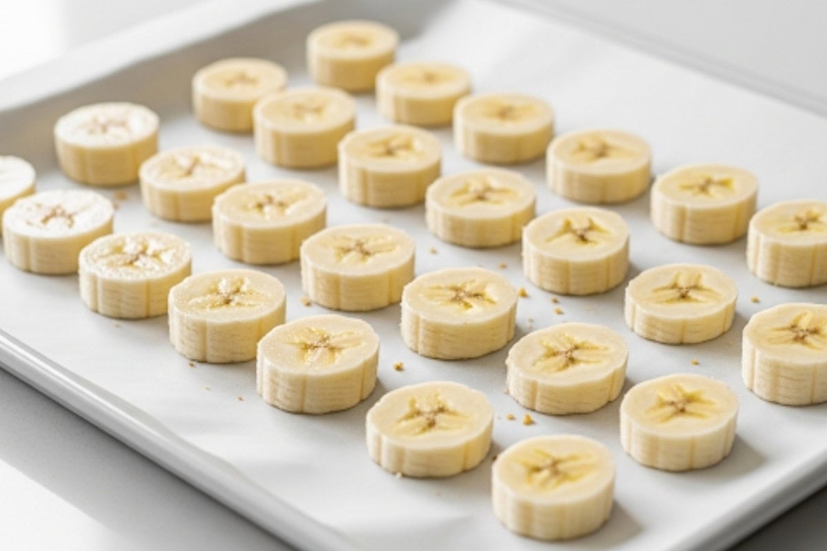 Put the sliced bananas in a baking sheet lined with parchment paper.