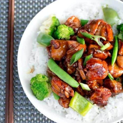 Simple Chicken Teriyaki Stir Fry with rice on a plate