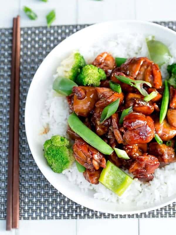 Simple Chicken Teriyaki Stir Fry with rice on a plate