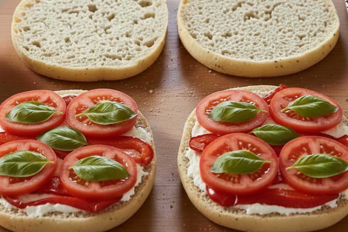 Arranged the roasted peppers, tomato slices and basil leaves over the ricotta. - 6
