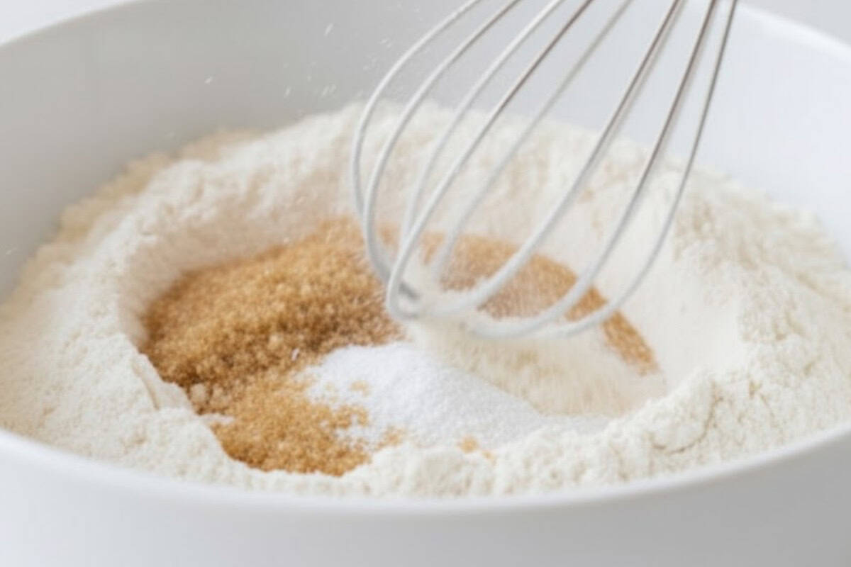 Combine flour, baking powder, raw sugar, and salt in a large bowl and whisk to mix evenly.