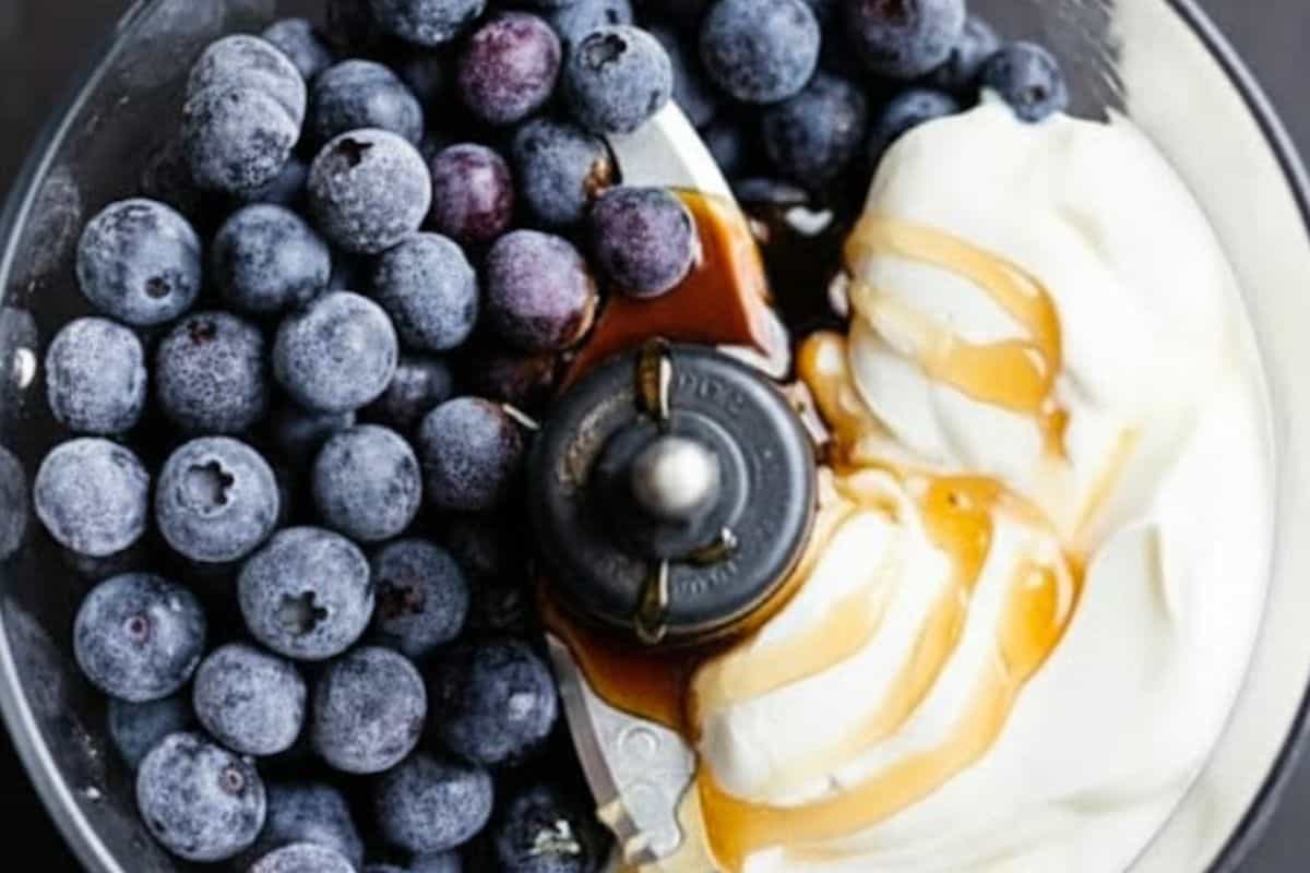 Combine the frozen blueberries, Greek yogurt, honey, and vanilla in a food processor.