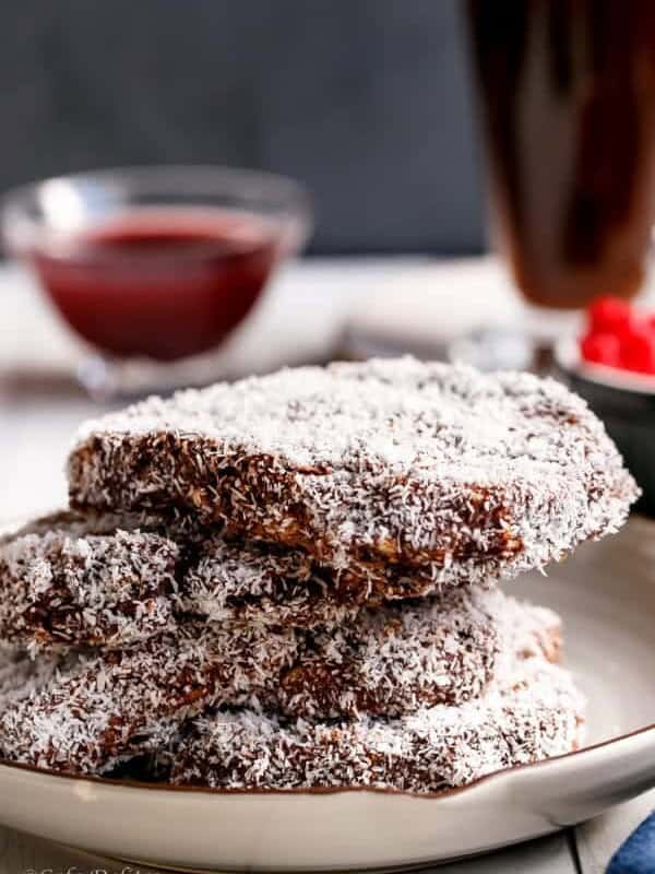 Lamington French Toast with Jam Syrup stack on each other