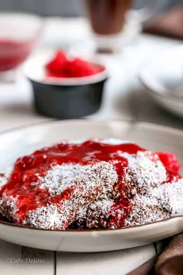 Lamington French Toast with Jam Syrup | https://cafedelites.com