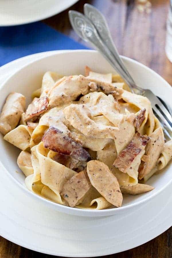 A lightened up and low fat version of the classic Carbonara pasta dish Lightened Up Chicken Carbonara