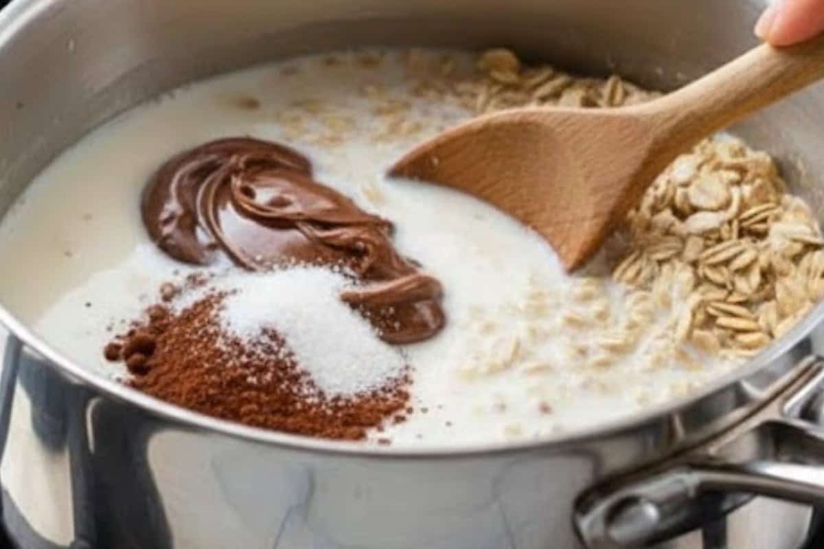 In a saucepan, add milk, Nutella, cocoa powder, sweetener, and oats.