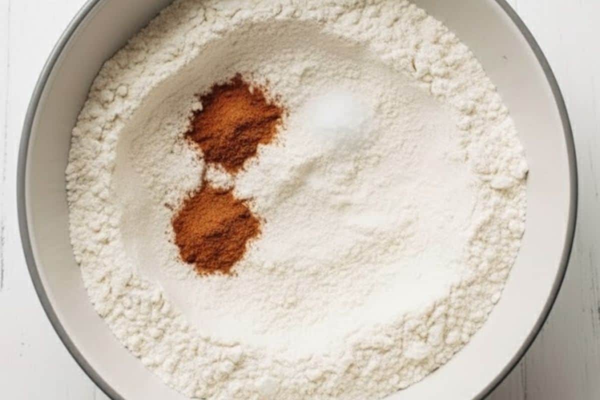 Combine flour, baking powder, sugar, cinnamon and salt in one bowl.