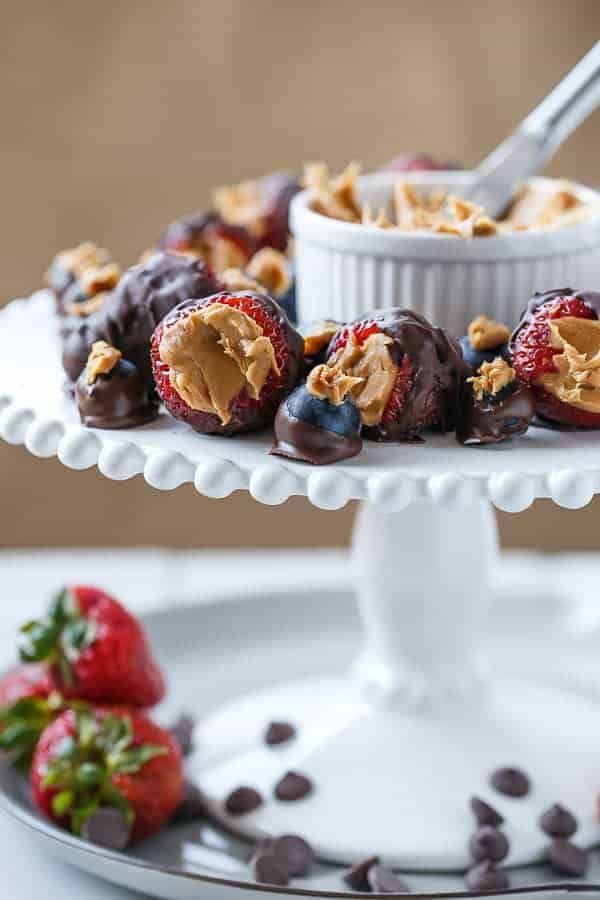 Peanut Butter Stuffed Chocolate Covered Berries on a tray