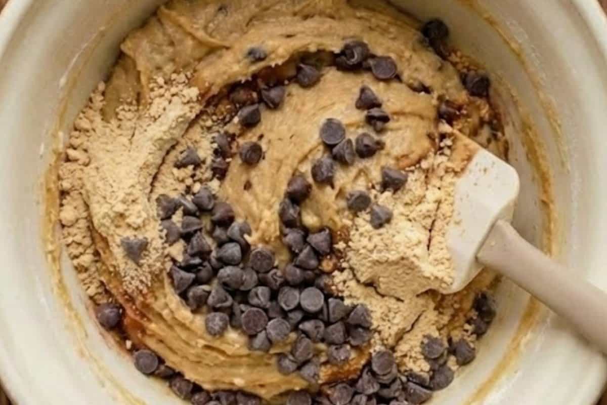 Fold in the powdered peanut butter and half the chocolate chips - 7