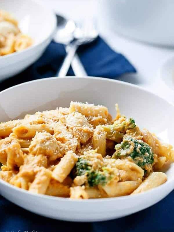 Creamy Chicken and Broccoli Pumpkin Alfredo in a bowl