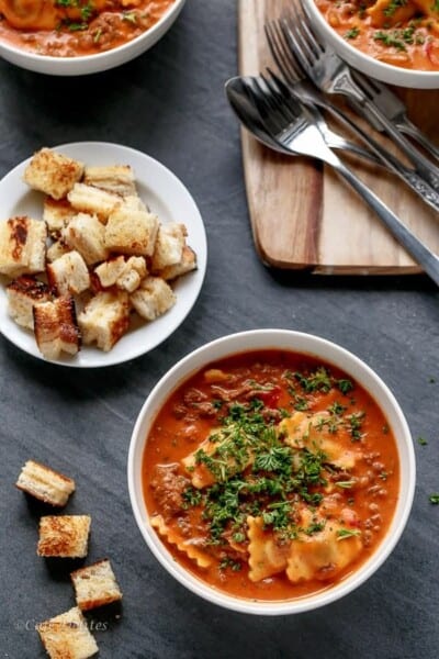 One Pot Ravioli in a Creamy Tomato Beef Sauce