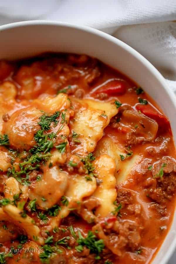 Ravioli in a Creamy Tomato Beef Sauce | https://cafedelites.com