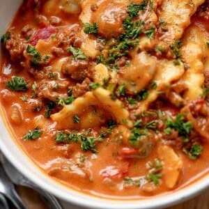 One Pot Ravioli in a Creamy Tomato Beef Sauce