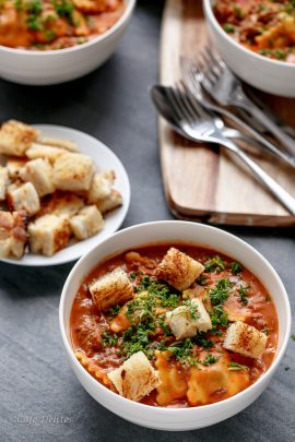 One Pot Ravioli in a Creamy Tomato Beef Sauce