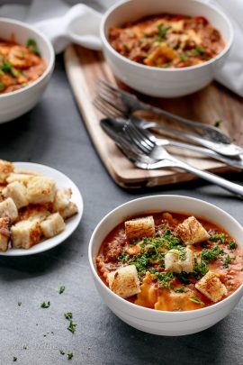 One Pot Ravioli in a Creamy Tomato Beef Sauce