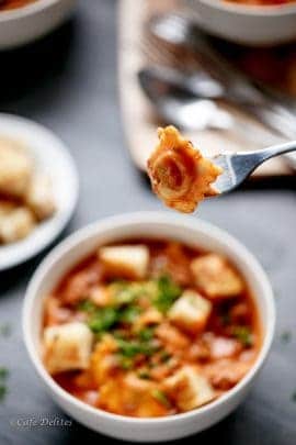 One Pot Ravioli in a Creamy Tomato Beef Sauce