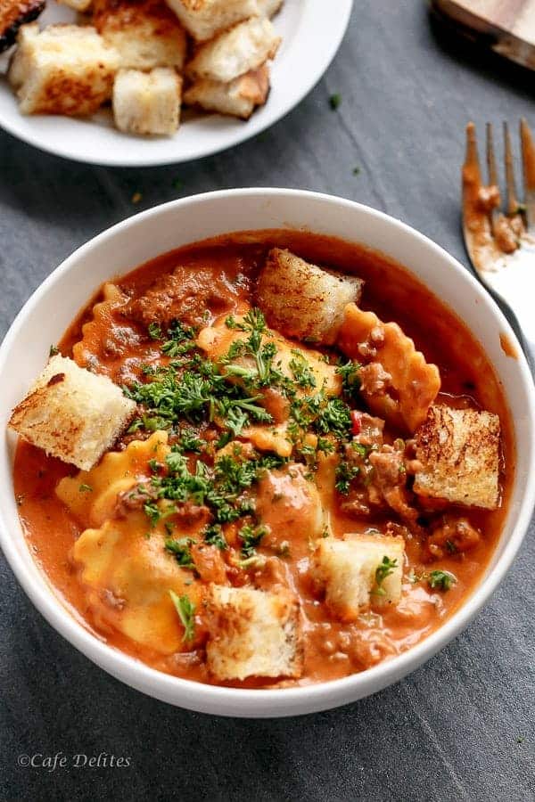 Ravioli in a Creamy Tomato Beef Sauce | https://cafedelites.com