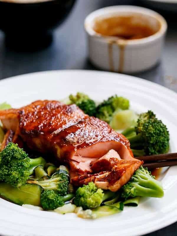 Teriyaki Glazed Salmon piece with stir fried vegies on a plate