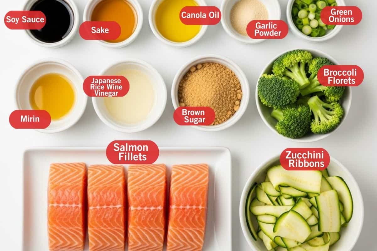 Flay lay of ingredient shot of soy sauce, sake, canola oil, garlic powder, green onions, mirin, Japanese rice wine sugar, brown sugar, broccoli florets, salmon fillets, zucchini ribbons