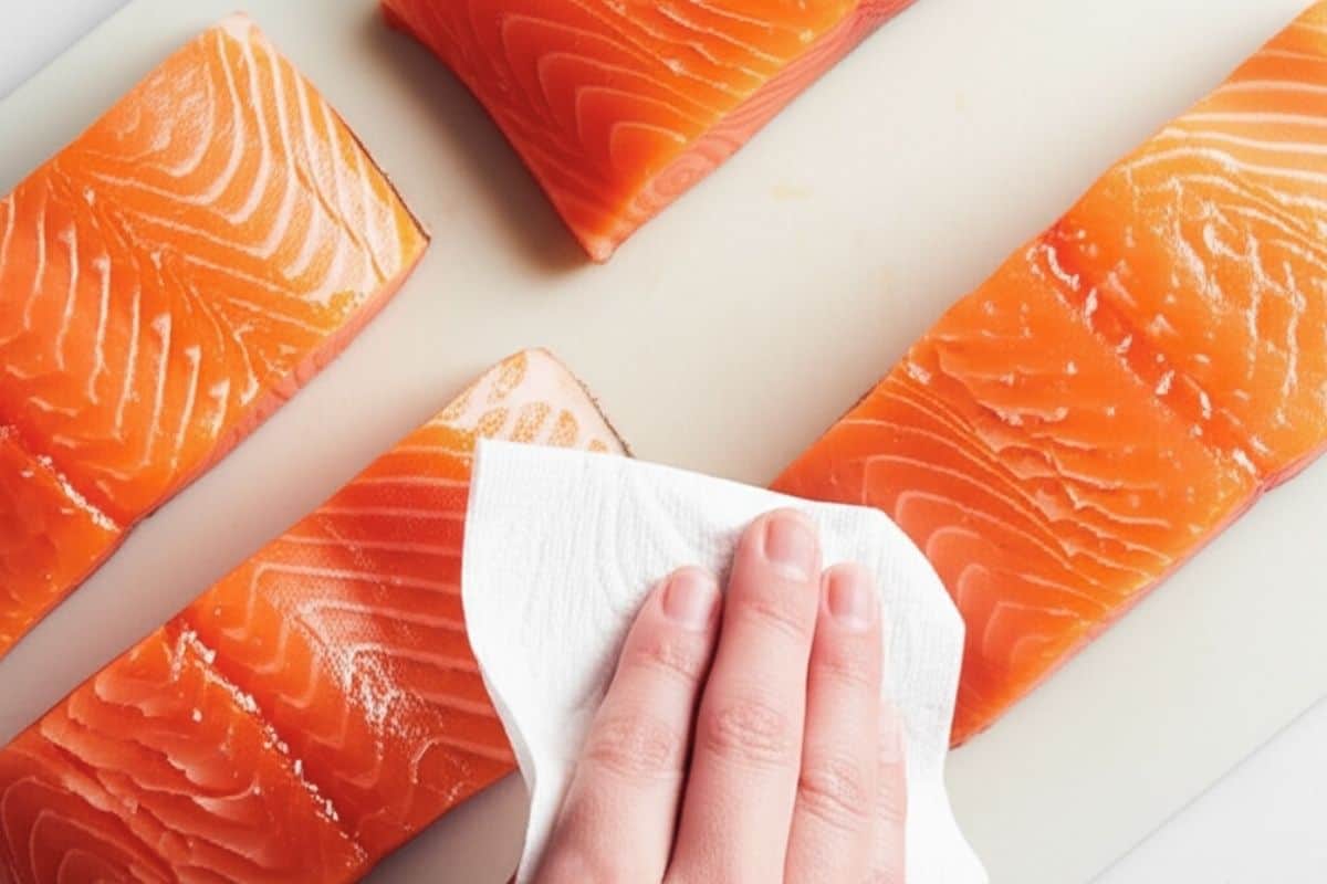 Dry the salmon fillets with paper towels.